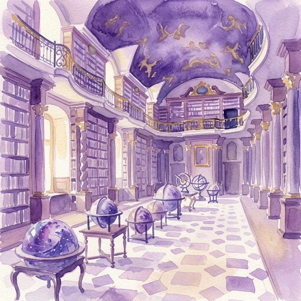 Wspaniałe wnętrze barokowej biblioteki z sięgającymi sufitu regałami, niebiańskimi freskami na suficie i zabytkowymi globusami, znajdujące się w Wieży Astronomicznej i Bibliotece Barokowej Klementinum w Pradze.