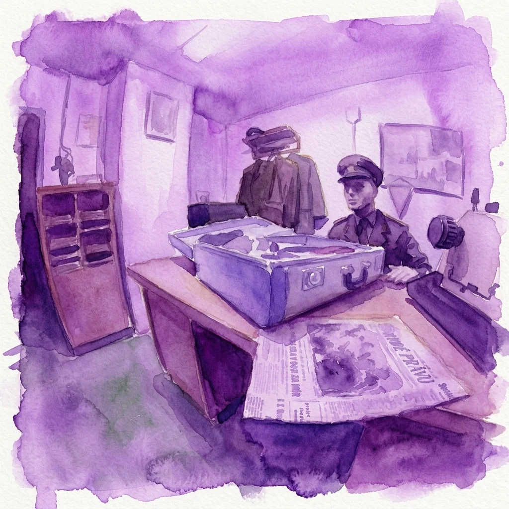 Ilustracja akwarelowa wnętrza schronu przeciwatomowego z czasów Zimnej Wojny, przedstawiająca oficera w mundurze przy biurku ze sprzętem komunikacyjnym vintage i gazetą, wywołująca napięcie historyczne.