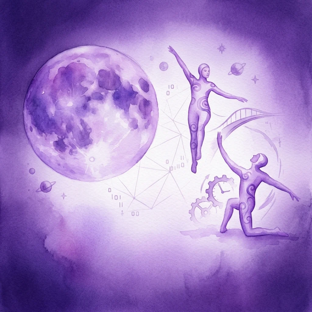Surrealistyczna fioletowa ilustracja akwarelowa przedstawiająca kosmiczną podróż z postaciami ludzkimi, dużą księżycą, planetami, kodem binarnym i mechanicznymi zębatkami, reprezentująca występ 'Cosmic Cabinet'.