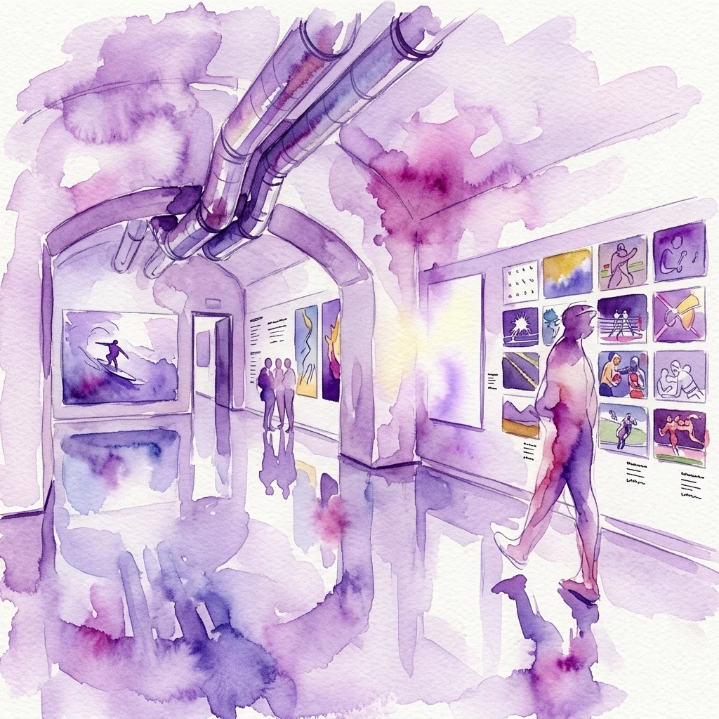 Ilustracja akwarelowa wnętrza Game on Gallery, przedstawiająca zwiedzających oglądających wystawy fotografii sportowej w dynamicznej, purpurowo-białej kolorystyce.
