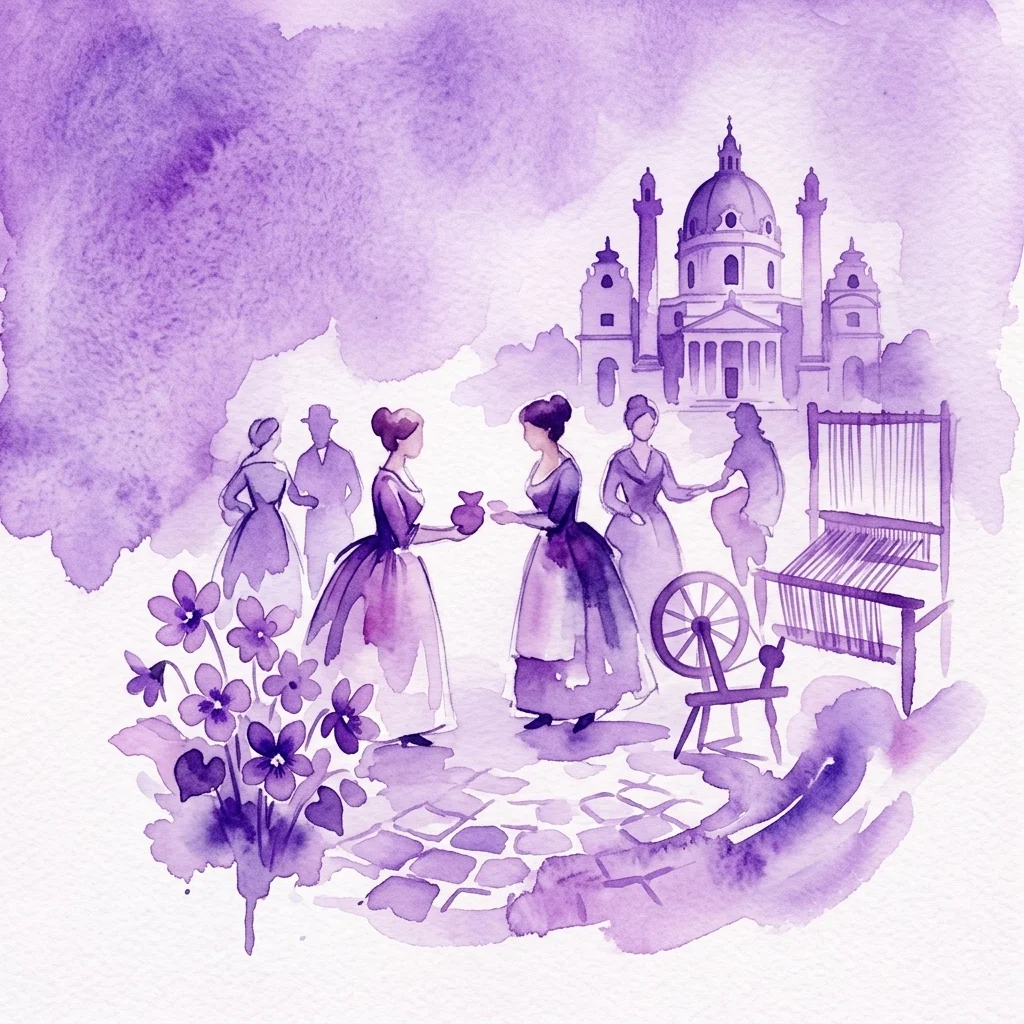 Ilustracja akwarelowa sceny teatralnej osadzonej w wyidealizowanej Wiedniu, przedstawiająca postacie w strojach z epoki wchodzące w interakcje z tradycyjnymi rzemiosłami, takimi jak kołowrotek i krosno, symbolizując nostalgię i porządek społeczny.