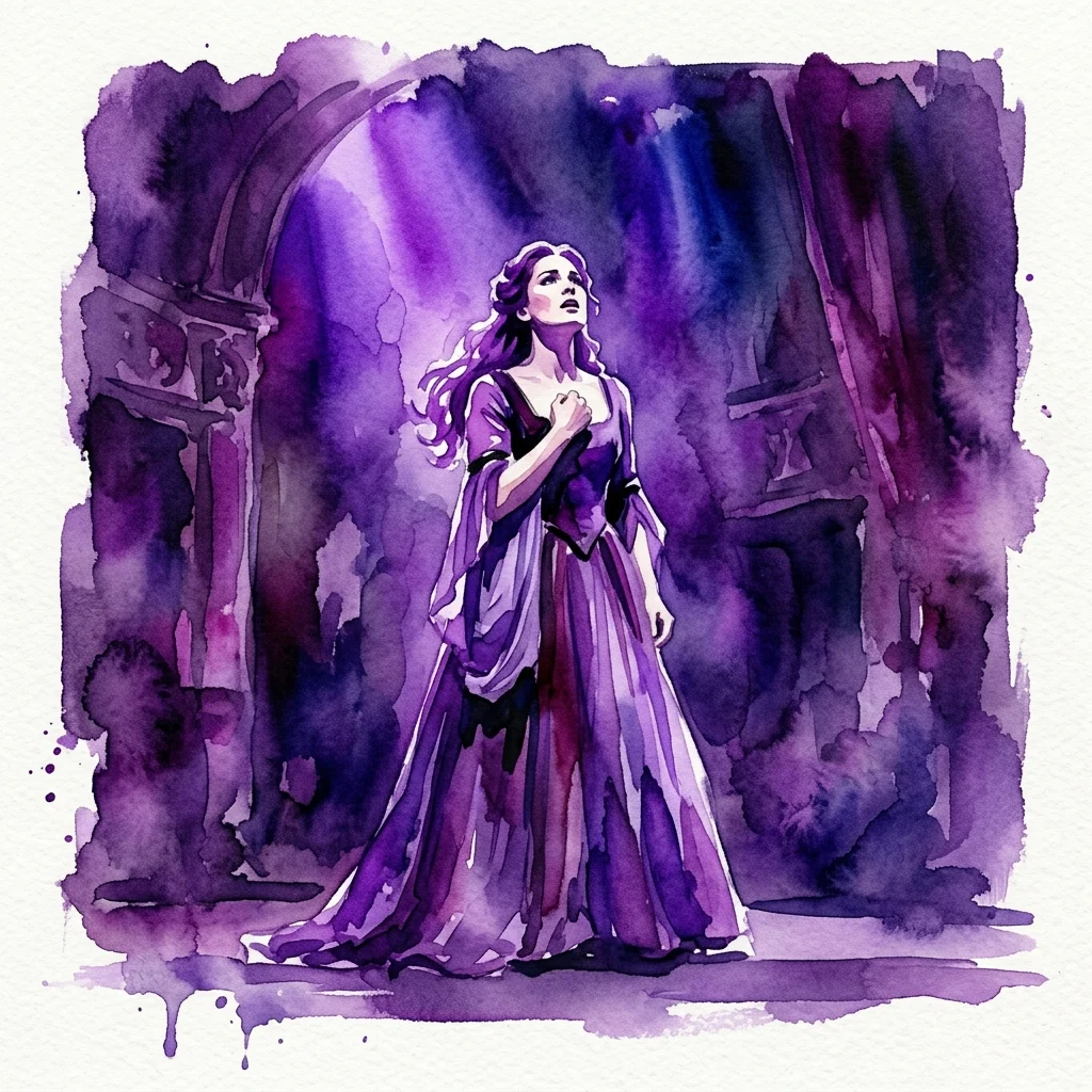 Una ilustración en acuarela de una mujer con un vestido de época, que encarna la fuerza y el conflicto interno, de una producción teatral de 'Hedda Gabler' de Henrik Ibsen.