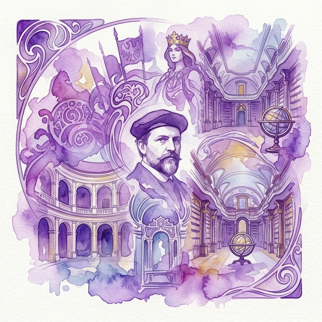Artystyczna ilustracja akwarelowa Alfonsa Muchy w jego ikonicznym stylu Art Nouveau, otoczona scenami z Klementinum w Pradze, w tym jego wspaniałą architekturą i obrazami z cyklu 'Słowiańska epopeja', przywołująca dziedzictwo kulturowe.