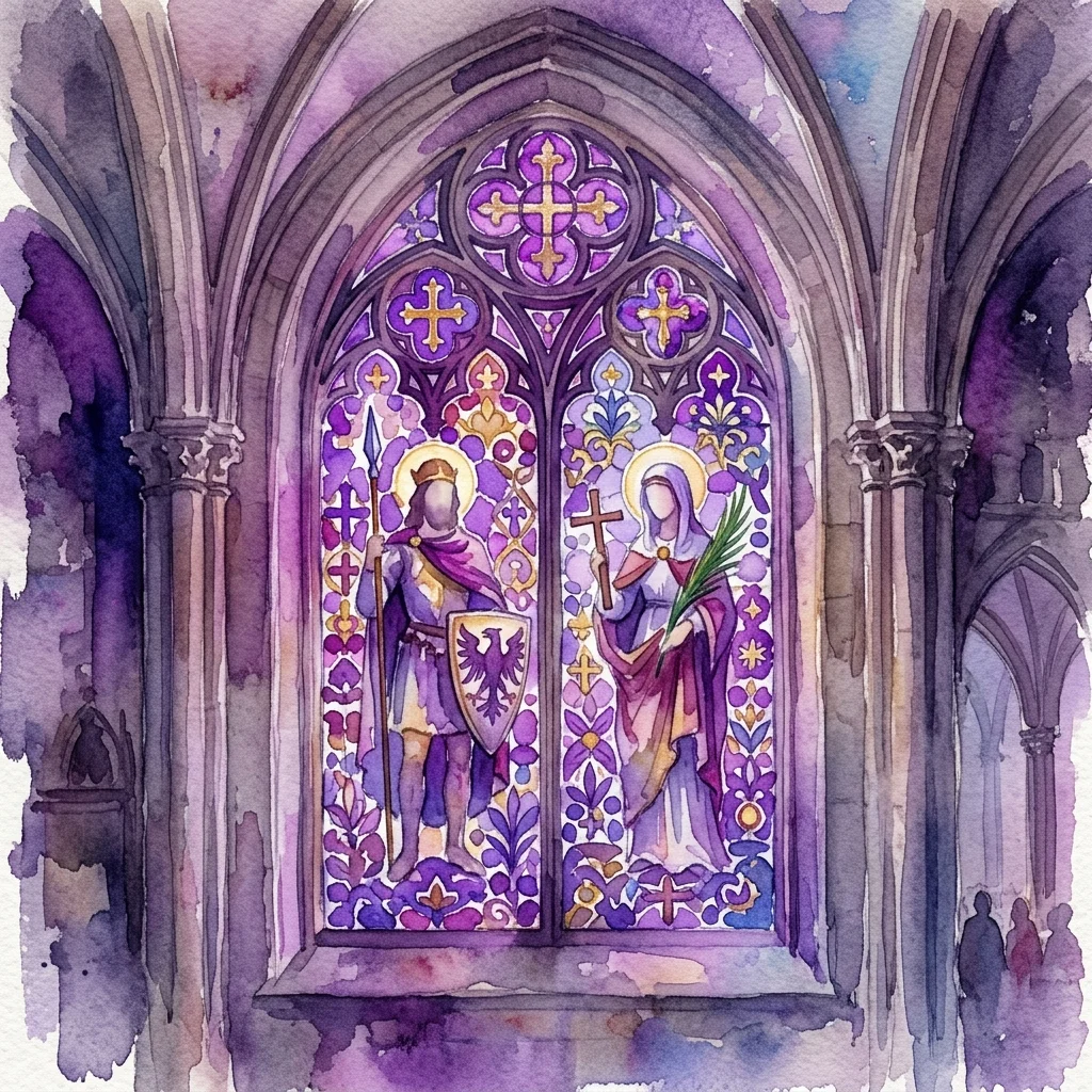 Een aquareltekening van een gebrandschilderd glasraam in de Sint-Vituskathedraal, Praag, met Sint-Wenceslas en Sint-Ludmila in gotische architectuur met paarse en gouden tinten.