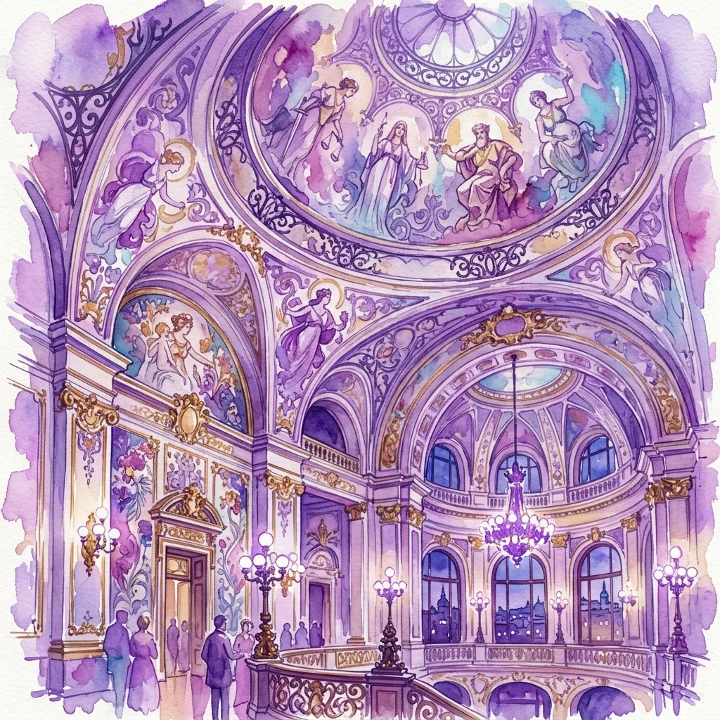 Wnętrze w stylu Art Nouveau Sali Burmistrzowskiej w Domu Reprezentacyjnym w Pradze, z ozdobnymi freskami sufitowymi i malowidłami ściennymi Alphonse Muchy, z misternymi złotymi detalami i fioletowymi odcieniami.
