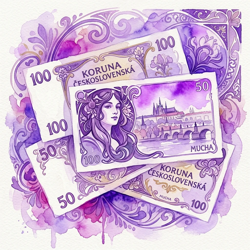 Ilustración en acuarela de los diseños de Alphonse Mucha para billetes checoslovacos, con el retrato de una mujer y el Castillo de Praga, con ornamentados detalles Art Nouveau en púrpura y dorado.