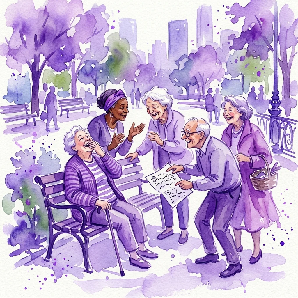 Ilustracja akwarelowa przedstawiająca śmiejących się i wchodzących w interakcje starszych ludzi w parku miejskim, reprezentująca niemy spektakl teatralny 'In the Park', który porusza tematy przyjaźni i przezwyciężania samotności.