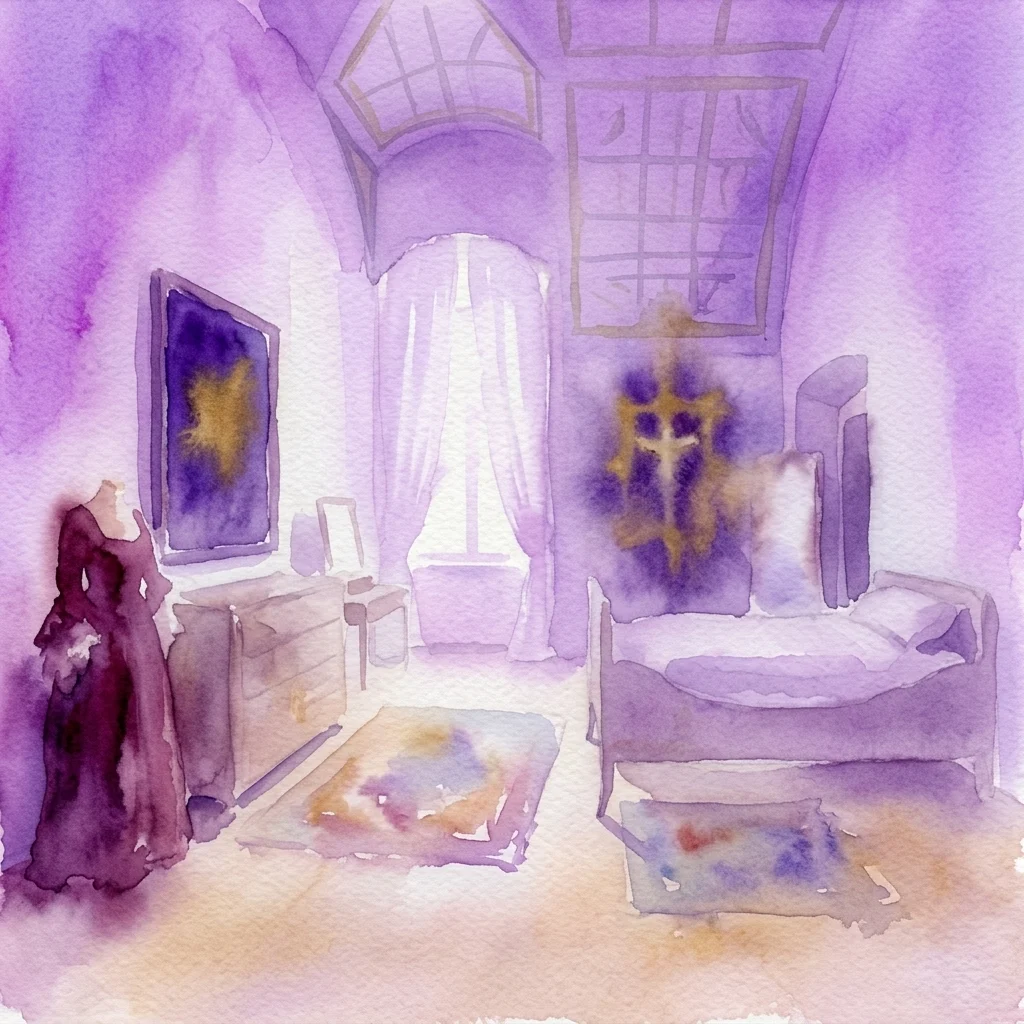 Waterverfillustratie van een slaapkamer in barokstijl met meubilair uit die periode, schilderijen en een figuur in historische kledij, die het Instituut van de Adel in Praagse Burcht uitbeeldt.