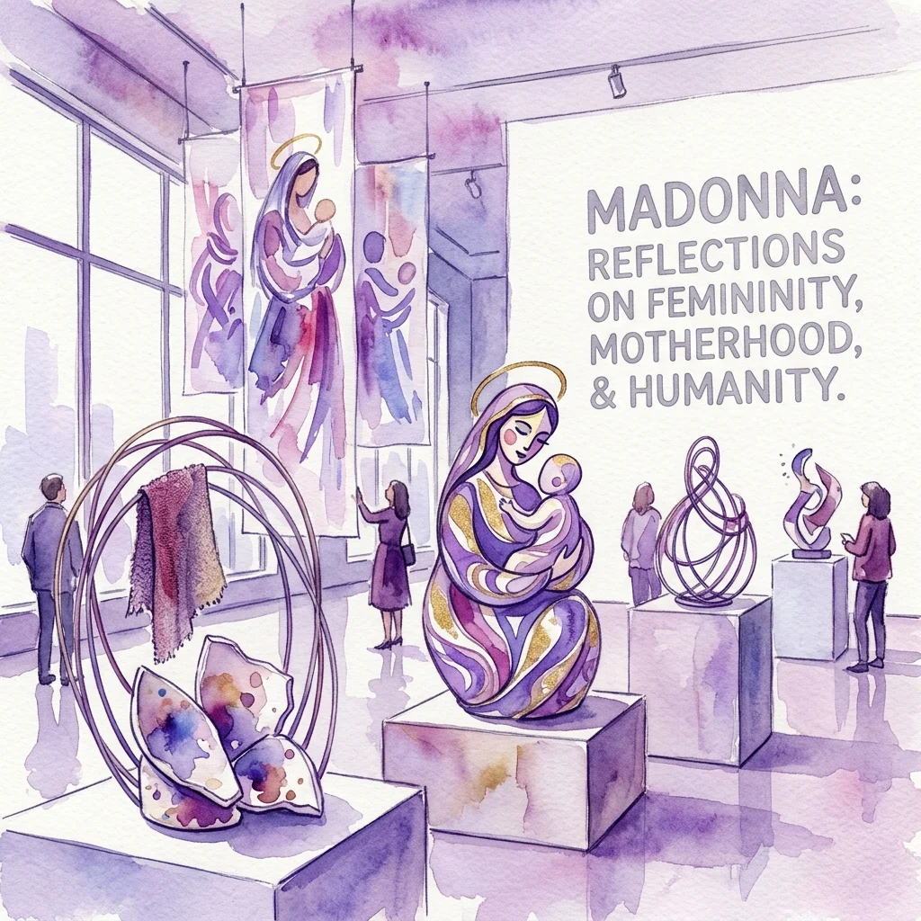 Ilustracja akwarelowa wystawy sztuki pod tytułem 'Madonna: Refleksje na temat kobiecości, macierzyństwa i człowieczeństwa', prezentująca rzeźby i instalacje reinterpretujące postać Madonny we współczesnych kontekstach.
