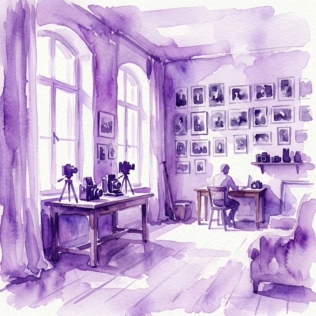 Een aquarelillustratie van Josef Sudek Studio, een historische fotostudio met grote boogramen, vintage camera's op tafels en fotoafdrukken aan de muren, badend in paars getint natuurlijk licht.