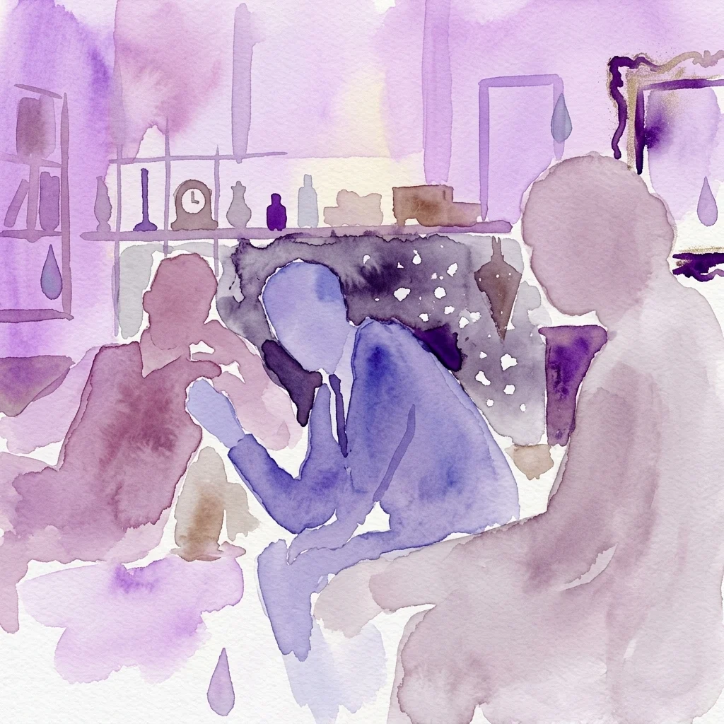 Ilustracja akwarelowa przedstawiająca słabo oświetloną scenę teatralną z dramatu Eugene'a O'Neilla 'Długi dzień podróży do nocy', ukazującą trzy postacie podczas napiętego rodzinnego spotkania w wiejskiej posiadłości w stylu vintage.