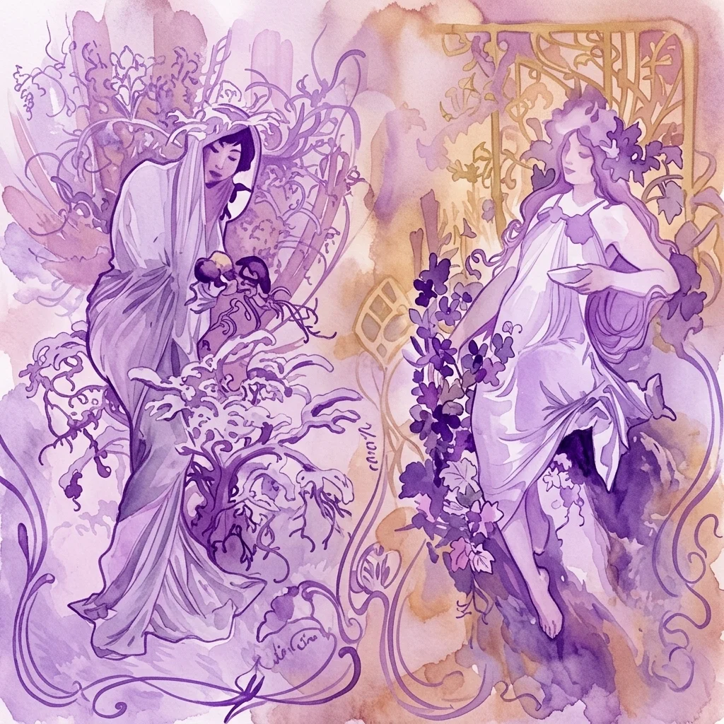 Art Nouveau painting by Alphonse Mucha featuring two women in flowing garments surrounded by intricate floral and vine motifs, rendered in soft purple and gold tones.