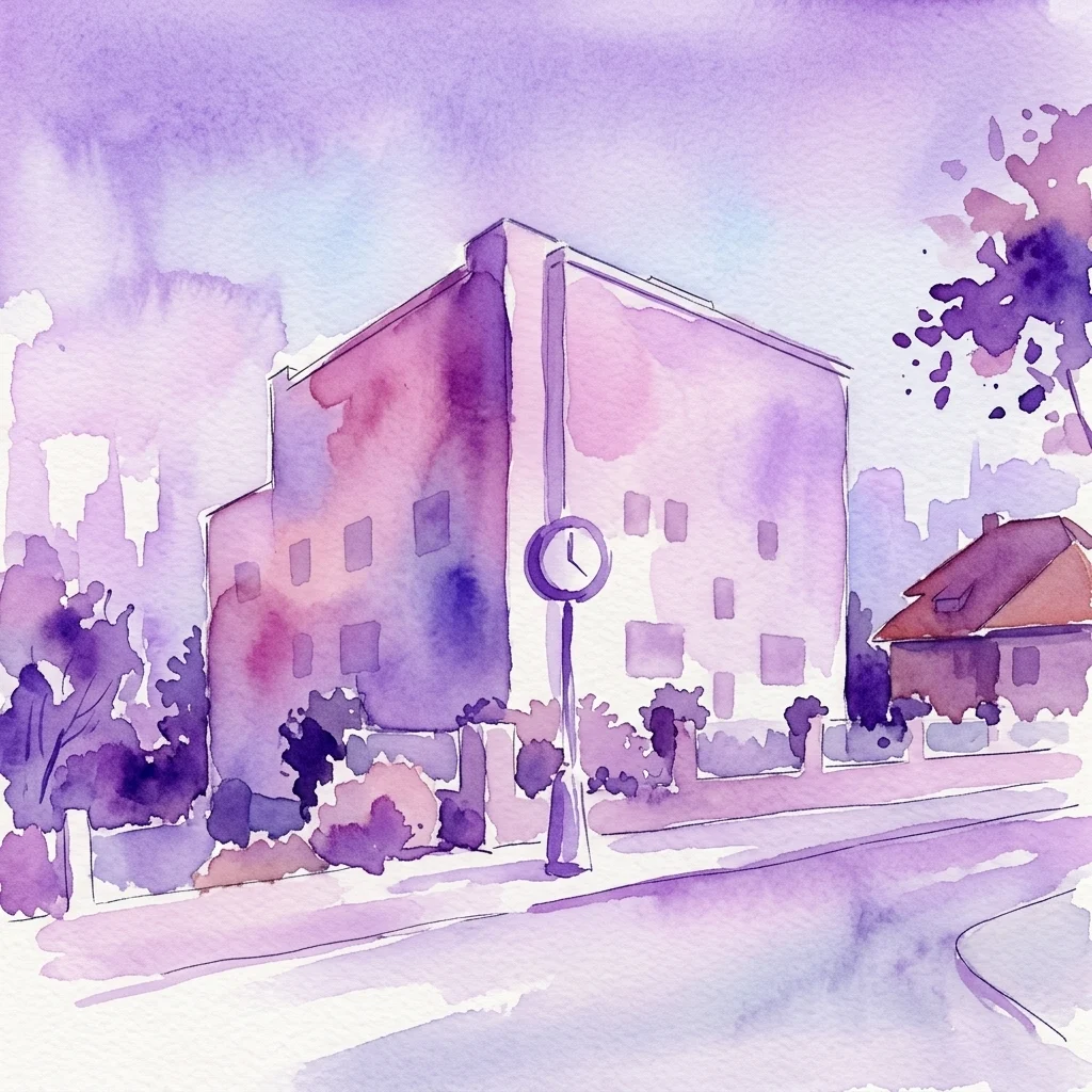Ilustracja akwarelowa willi Müllerova vila, modernistycznej willi o czystych liniach i dużych oknach, usytuowanej w ogrodzie w odcieniach fioletu i różu.