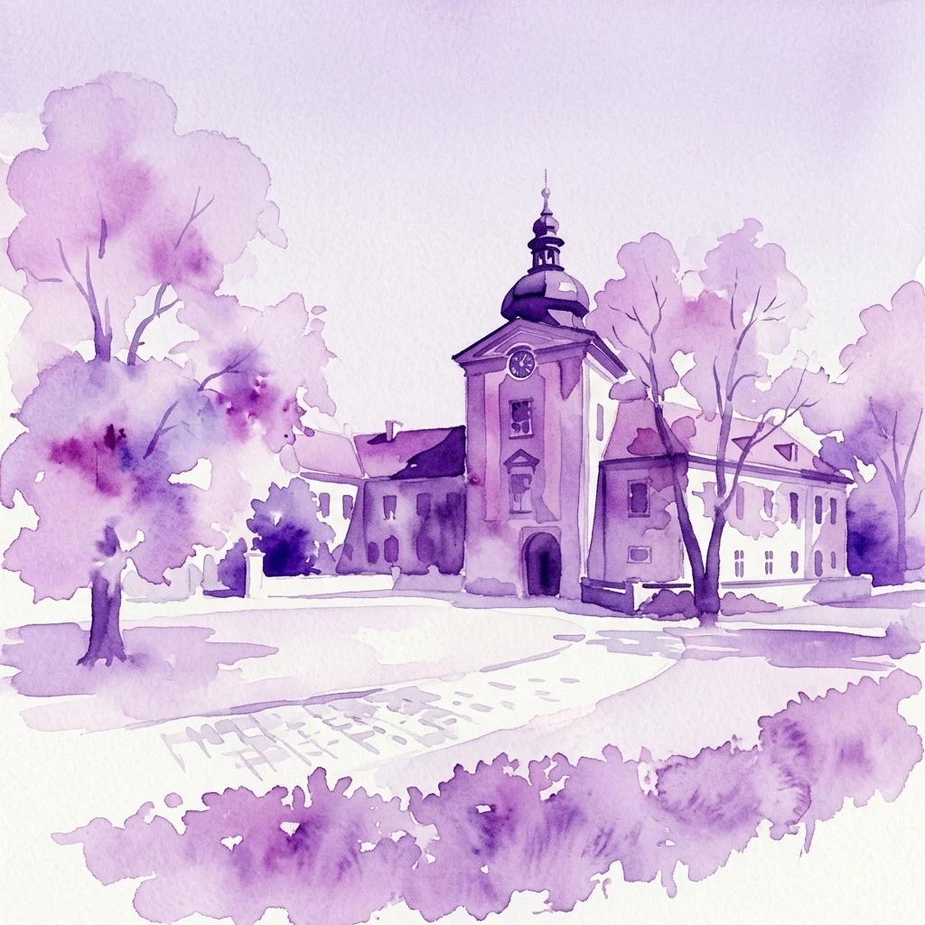Fioletowa akwarelowa ilustracja Kompleksu Zamkowego Ctěnice, przedstawiająca centralną wieżę zegarową, otaczające budynki i drzewa, reprezentująca historyczne miejsce Muzeum Pragi.