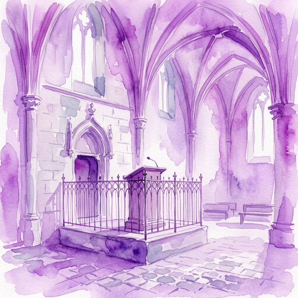 Waterverftekening van het interieur van de Oude-Nieuwe Synagoge, met een lessenaar omgeven door een ijzeren hek, stenen muren en ribgewelven in gotische architectuurstijl.