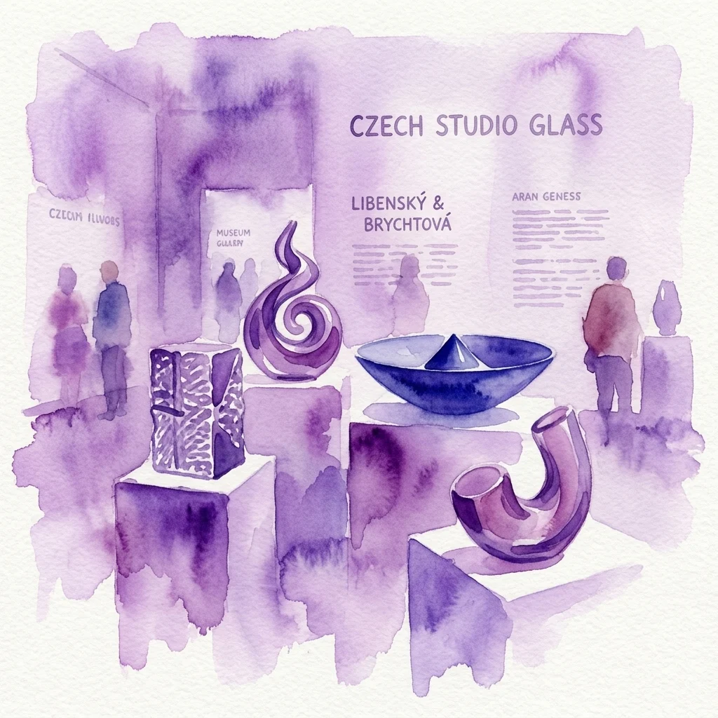 Waterverfillustratie van een museumgalerijexpositie met Tsjechische studio glasobjecten, waaronder werken van Libenský & Brychtová en Aran Geness, met bezoekers die de stukken bekijken.