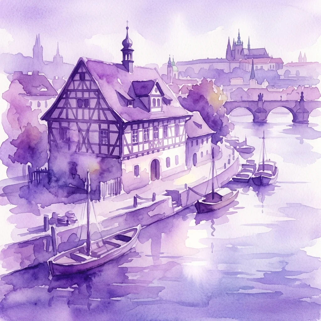 Waterverfschilderij van het Podskalská Douanekantoor in Výtoň, een historisch vakwerkgebouw aan de Moldau in Praag, met boten en de skyline van de stad op de achtergrond.