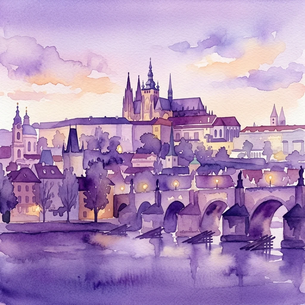 Akwatela Zamku Praskiego i Katedry św. Wita o zachodzie słońca, z Mostem Karola na pierwszym planie i rzeką Wełtawą odbijającą purpurowo-złote niebo.