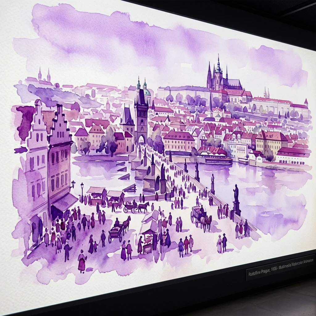 Una gran animación multimedia de acuarela del Praga Rodolfino en 1606, que representa la arquitectura de la ciudad, el Puente de Carlos y la animada vida callejera, inspirada en los grabados de Aegidius Sadeler.