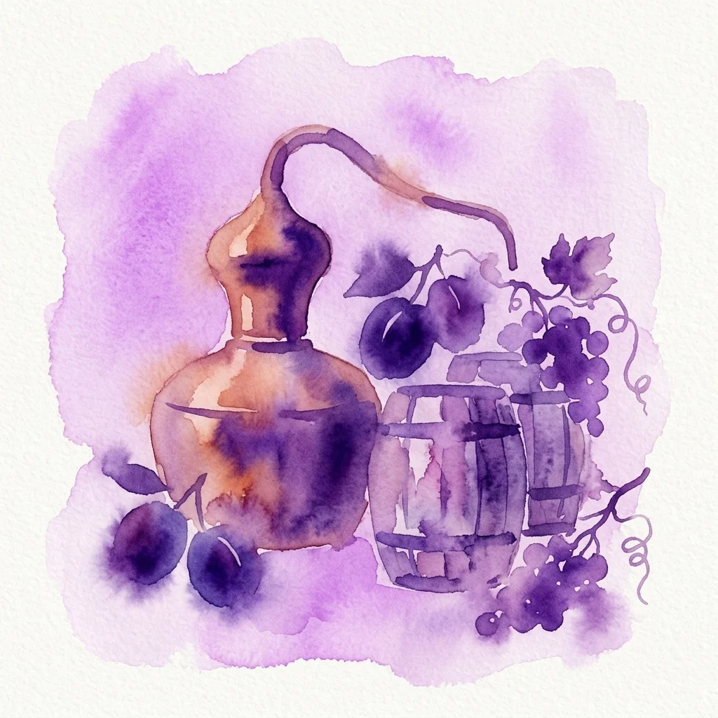 Waterverfillustratie van een koperen distilleerketel, houten vat en pruimen, die de slivovitz-distillatie in het R. Jelínek Slivovitz Museum voorstellen.