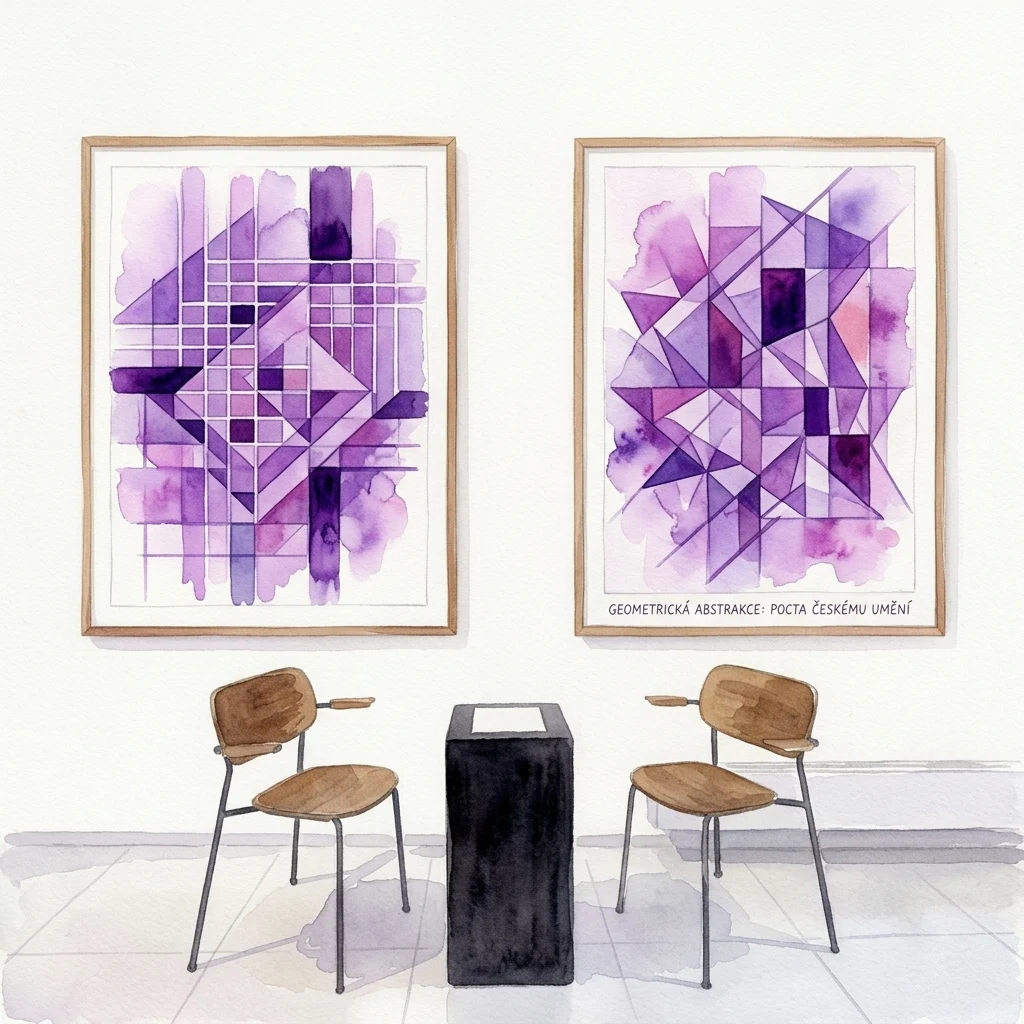 Twee ingelijste geometrisch abstracte kunstwerken in paars en wit, tentoongesteld aan een galerie muur, met houten stoelen en een zwart voetstuk eronder. Tekst op het rechter kunstwerk luidt 'GEOMETRICKÁ ABSTRAKCE: POČTA ČESKÉMU UMĚNÍ'.
