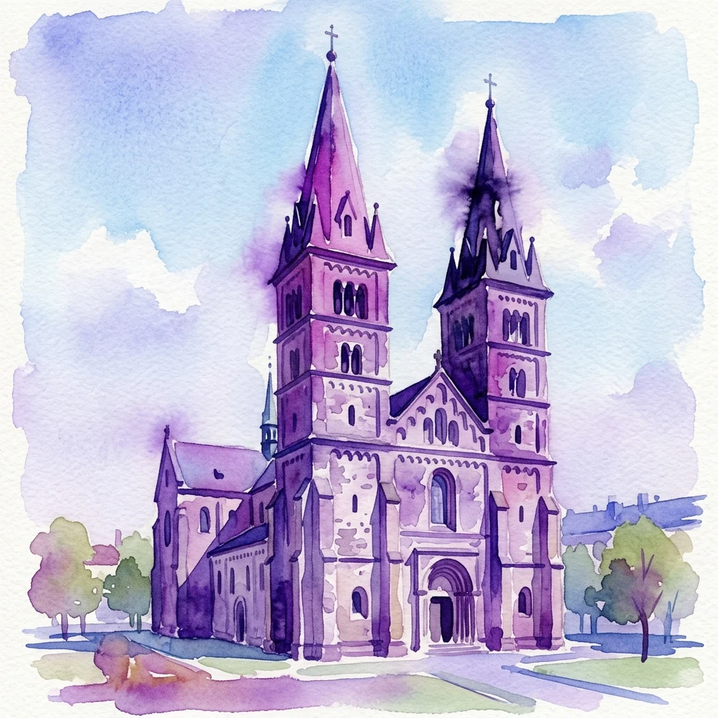 Waterverfillustratie van de Sint-Jorisbasiliek in Praag, met de iconische dubbele spitsen en Romaanse architectuur tegen een blauwe lucht.