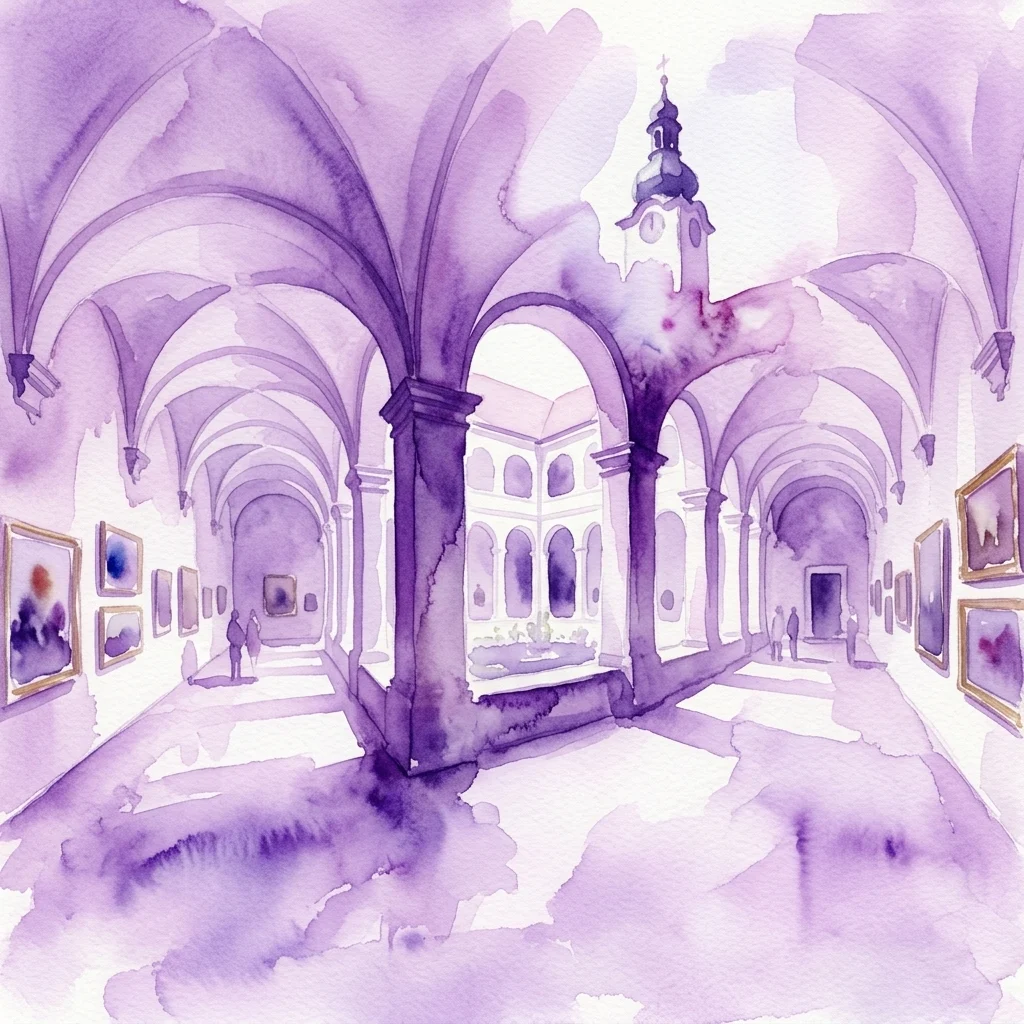 Ilustracja akwarelowa wnętrza Galerii Sztuki Strahov, ukazująca łukowe korytarze, oprawione obrazy na ścianach i miękkie naturalne światło oświetlające zabytkową przestrzeń.