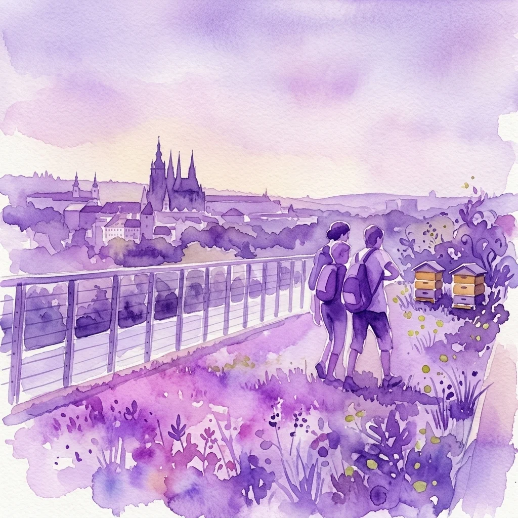 A watercolor illustration of a rooftop garden with two people viewing Prague's skyline, featuring Prague Castle and beehives, evoking an urban oasis connected to agriculture.