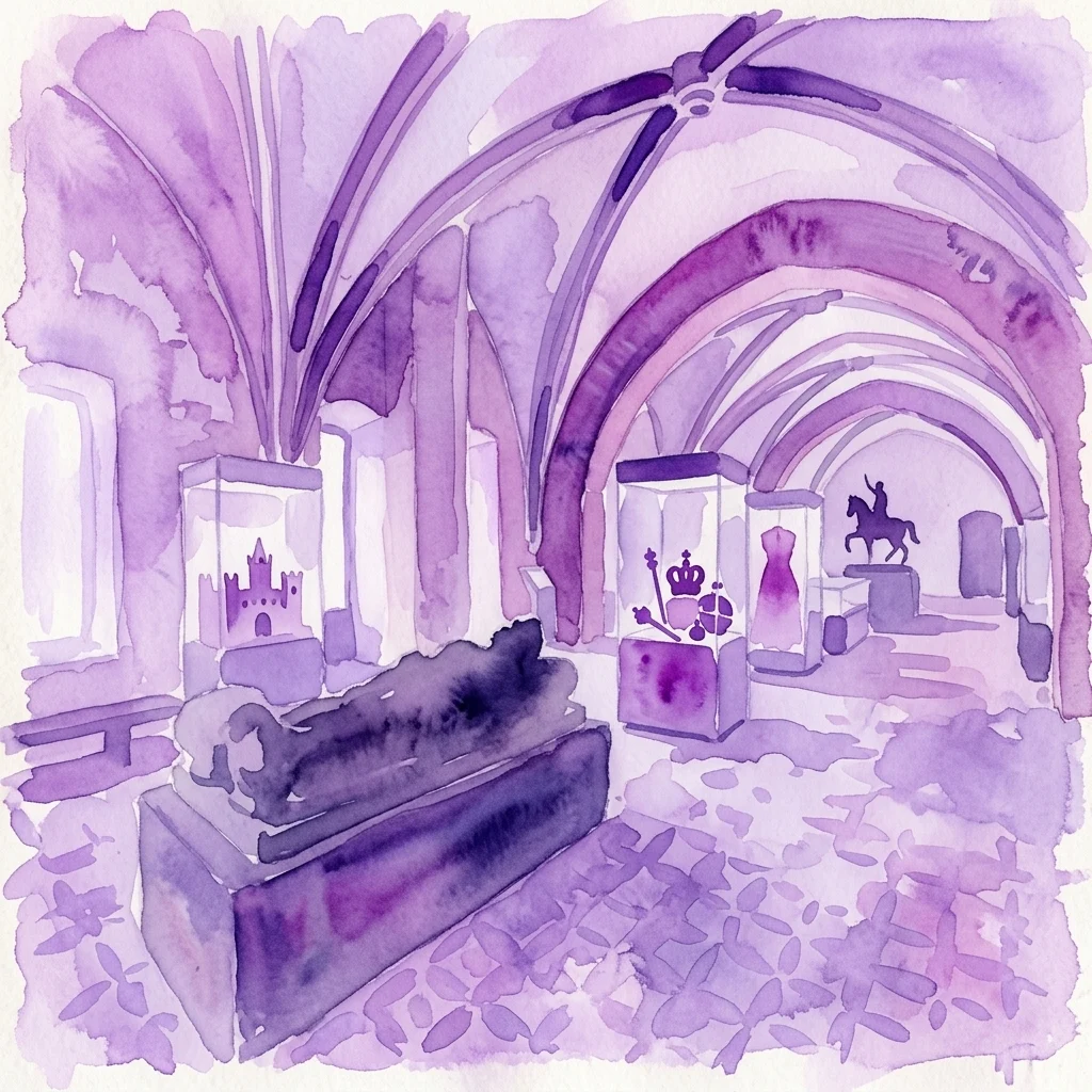 Een aquarelillustratie van een tentoonstellingshal met gotische gewelven, met modellen van Praagse burcht, koninklijke regalia en historische artefacten in vitrines.