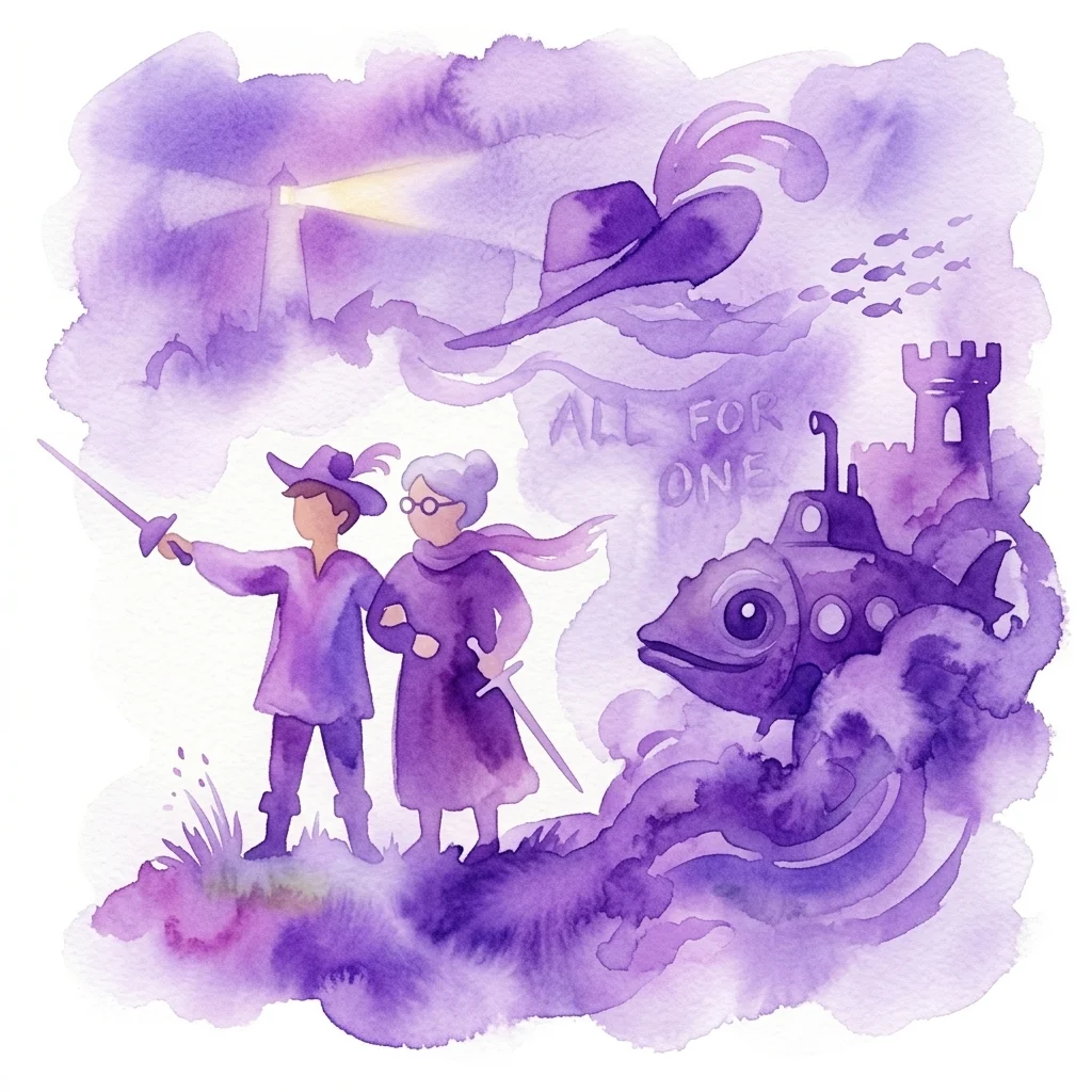 Fioletowa ilustracja akwarelowa przedstawiająca chłopca i starszą kobietę w strojach muszkieterów, trzymających miecze, z łodzią podwodną, latarnią morską i napisem 'WSZYSCY ZA JEDNEGO' w tle, inspirowana „Trzema muszkieterami” i „Dwadzieścia tysięcy mil podmorskiej żeglugi”.