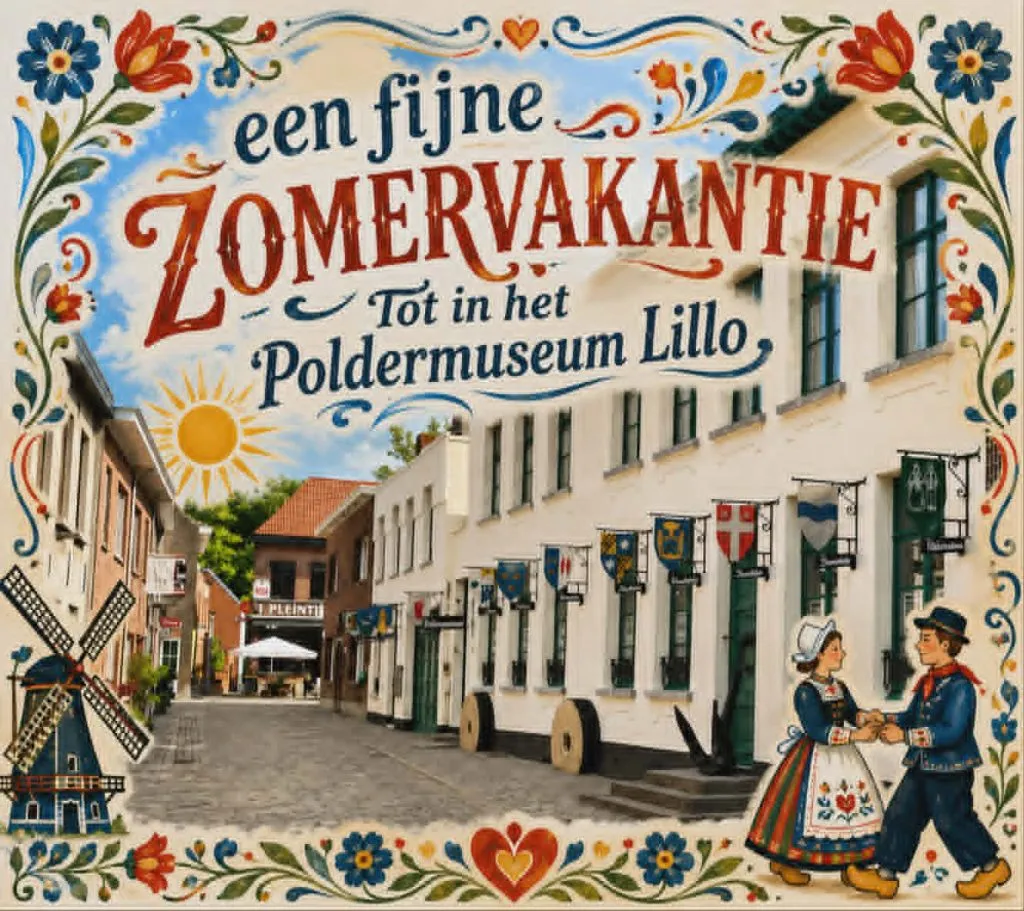 Ilustración colorida al estilo de arte folclórico de una calle de un pueblo holandés con un molino, casas blancas tradicionales, dos figuras con trajes típicos y decoraciones florales en los bordes, con el texto 'een fijne ZOMERVAKANTIE Tot in het Poldermuseum Lillo'