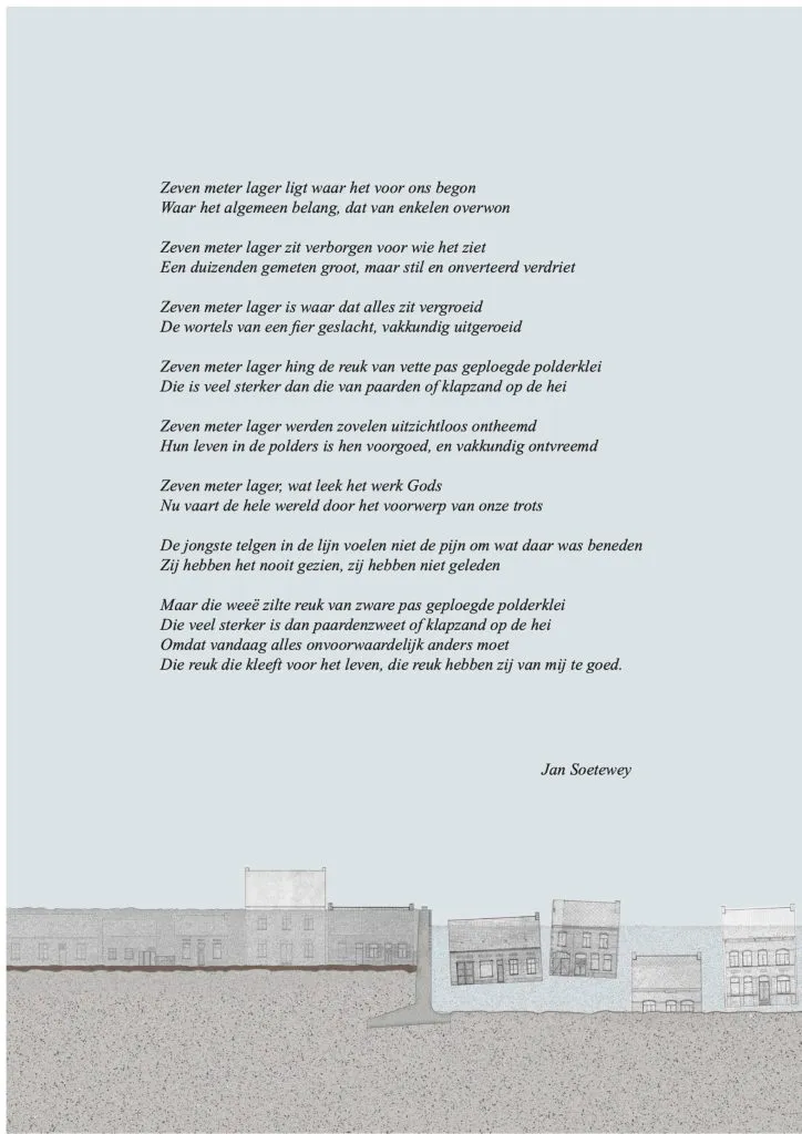 Poema neerlandés de Jan Soetewey sobre los pueblos pólder sumergidos, con una ilustración sencilla de dibujos lineales de edificios en la parte inferior.