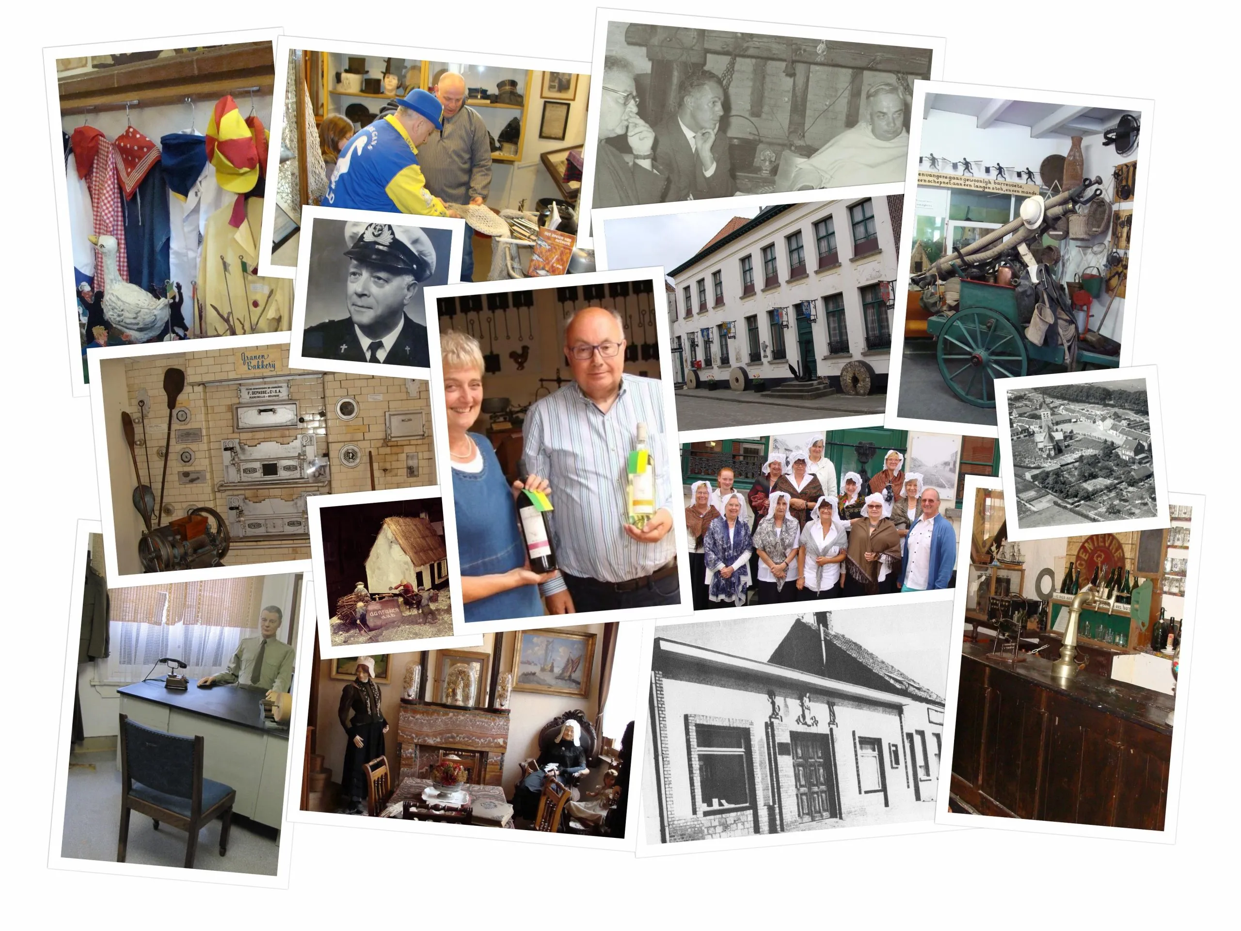 Collage de fotografías que muestra exhibiciones del museo, artefactos históricos, imágenes antiguas en blanco y negro, habitaciones interiores y personas relacionadas con la vida del pueblo pólder en el Poldermuseum Lillo