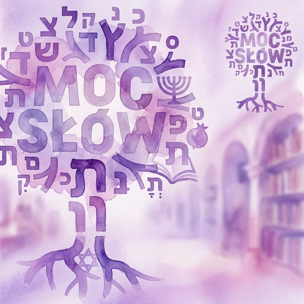 Artystyczna ilustracja drzewa wykonanego z żydowskich języków i alfabetów, ze słowami 'MOC SŁOW' oraz symbolami kulturowymi, takimi jak menora i granat, na rozmytym tle galerii.