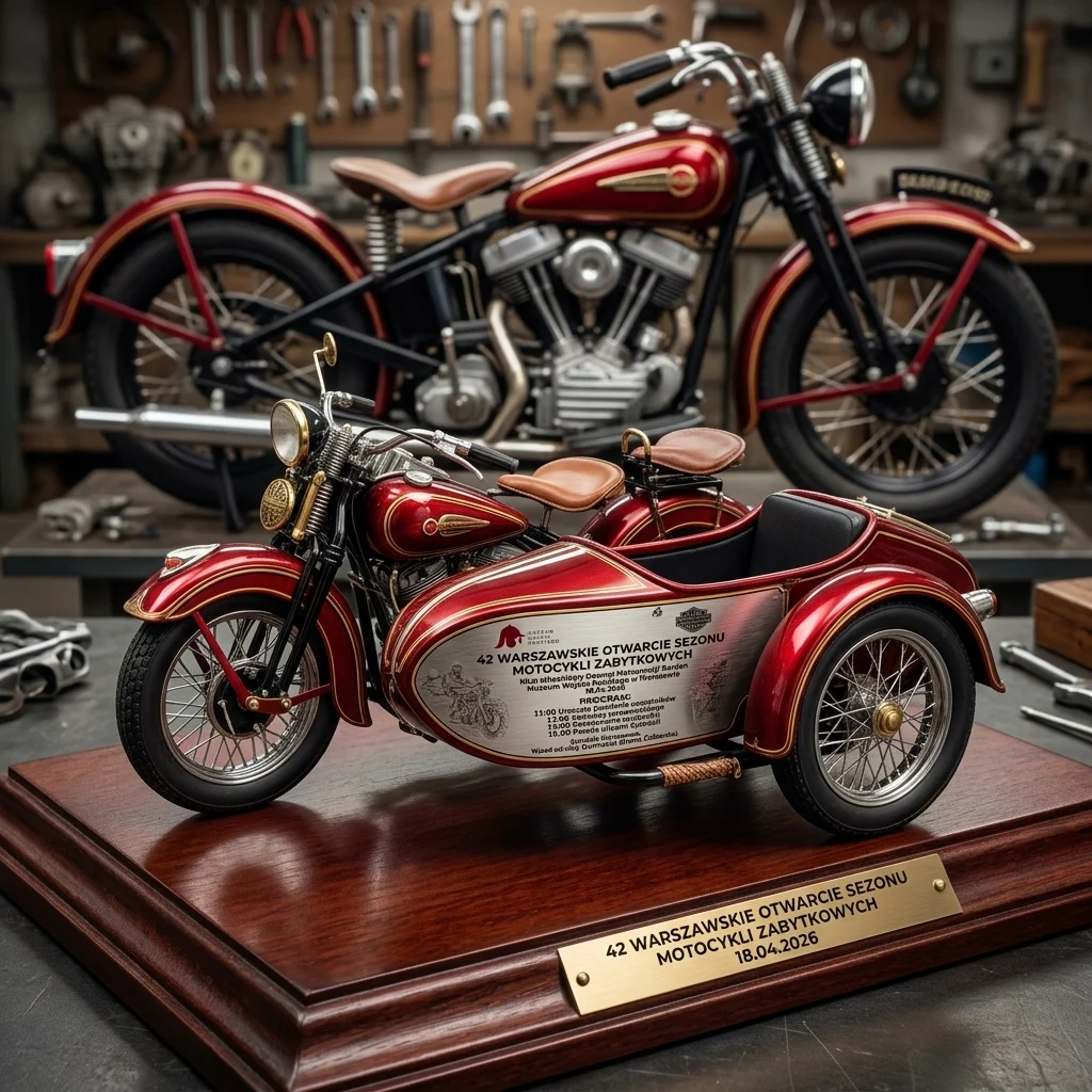 Een gedetailleerd model van een rode vintage motorfiets met zijspan, tentoongesteld op een houten voetstuk met een plaquette ter herdenking van de 42e Opening van het Historisch Motorseizoen in Warschau op 18 april 2026.