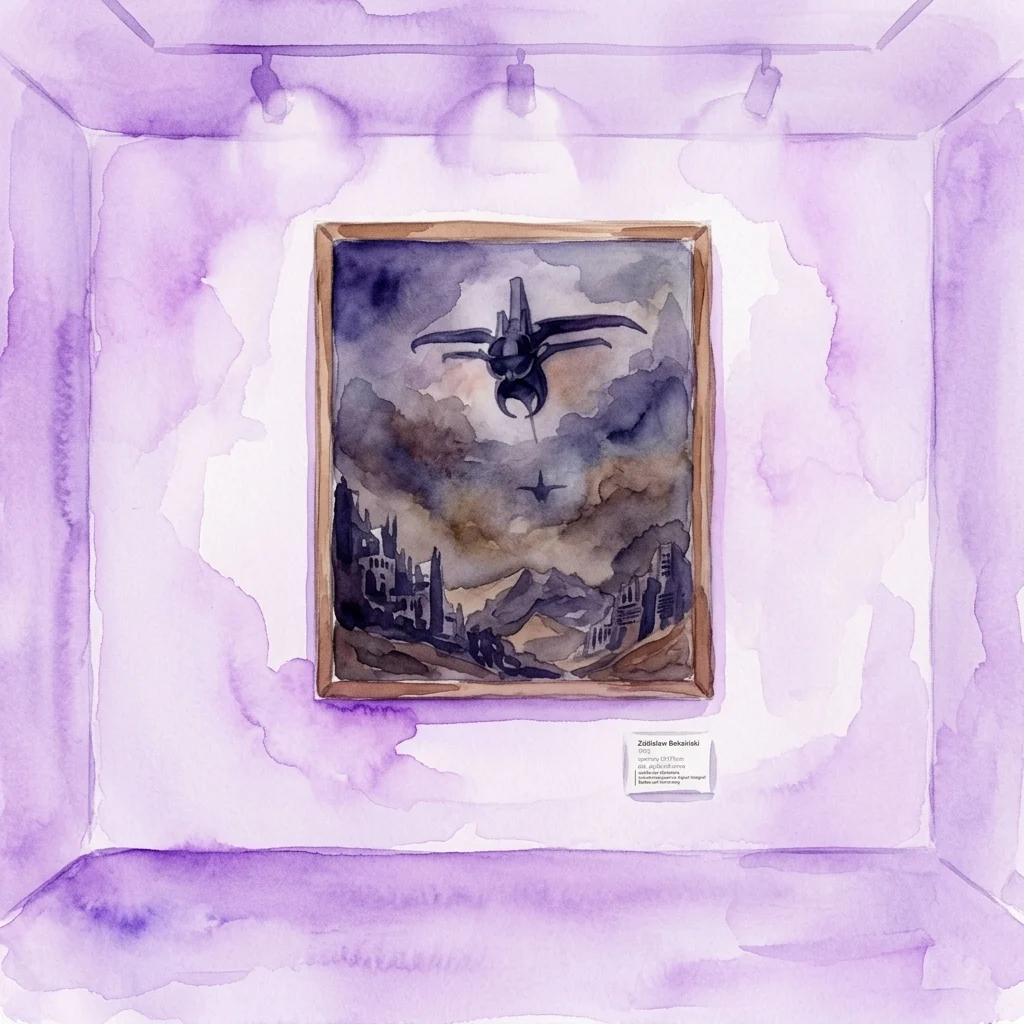 Oprawiony obraz Zdzisława Beksińskiego przedstawiający mroczny, surrealistyczny krajobraz z latającym obiektem nad zrujnowanym miastem, prezentowany w galerii muzealnej z fioletowym oświetleniem.
