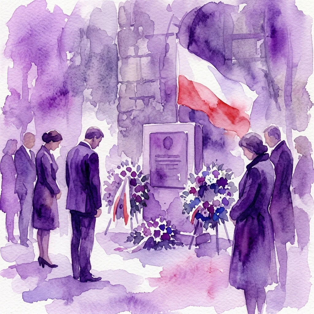 Ilustracja akwarelowa uroczystej inscenizacji w Muzeum Katyńskim, przedstawiająca postacie w formalnych strojach kłaniające się przed pomnikiem z polską flagą i wieńcami.