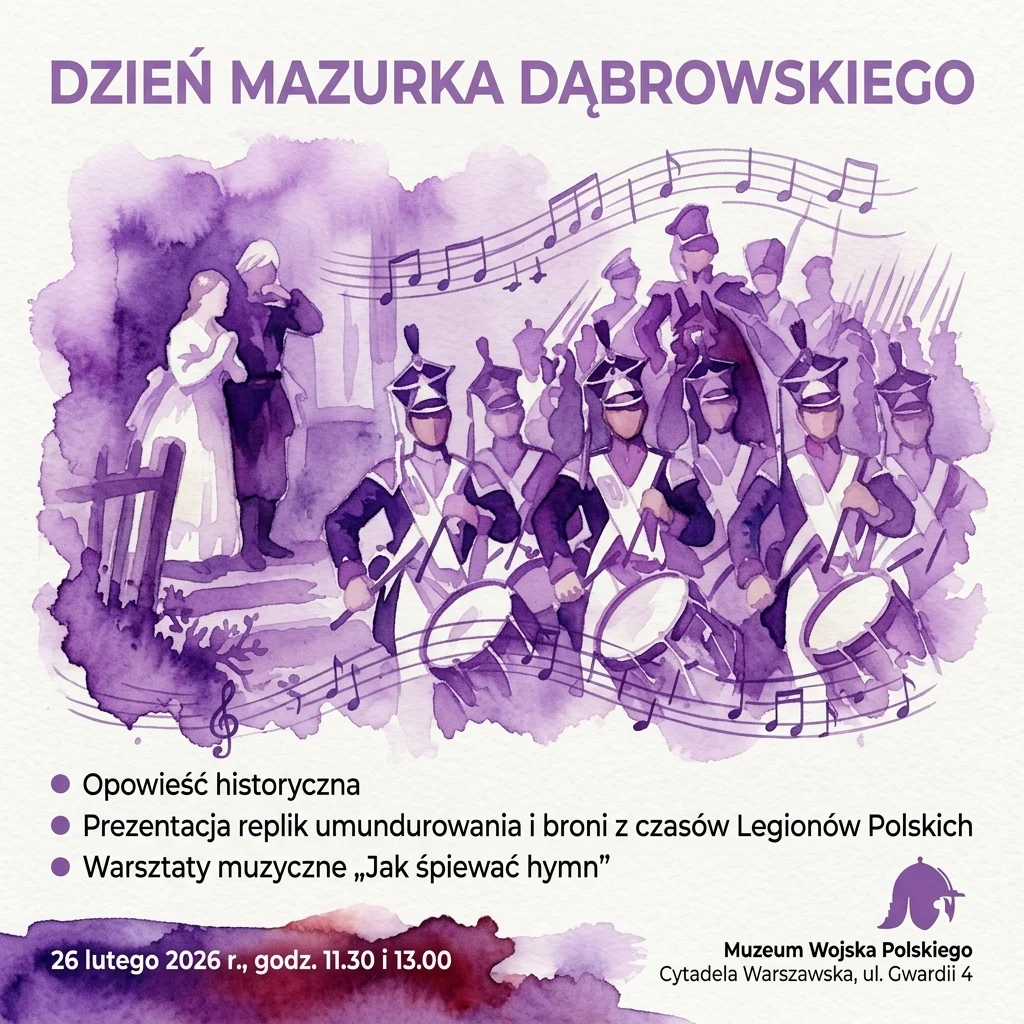 Ilustracja akwarelowa przedstawiająca żołnierzy Legionów Polskich grających na bębnach z płynącymi nutami, tańczącą parę oraz tekst 'DZIEŃ MAZURKA DĄBROWSKIEGO' u góry, promująca historyczne wydarzenie w Muzeum Wojska Polskiego.