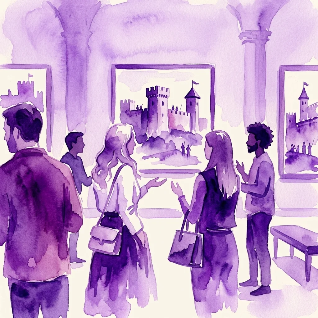 Een aquarelillustratie van mensen die kunstwerken bekijken die historische forten en vestingwerken in een museumgalerij afbeelden.