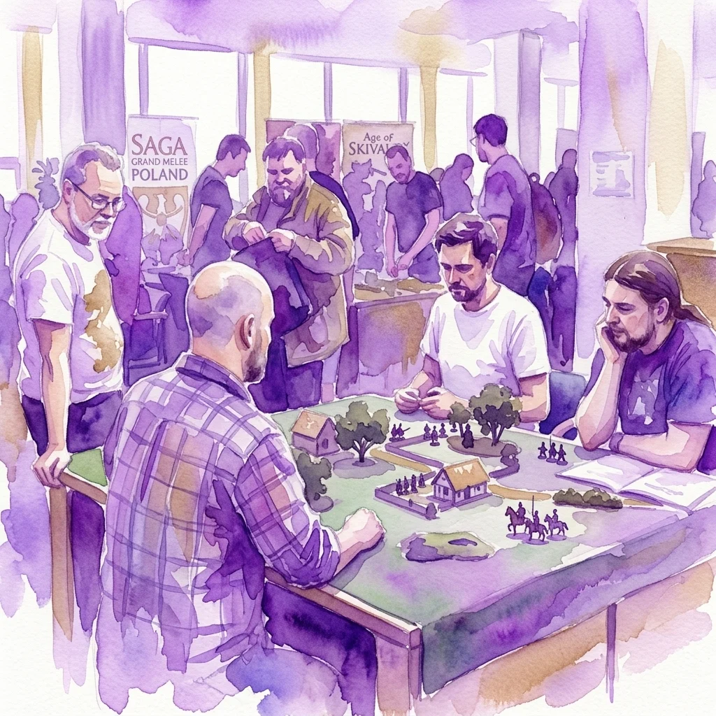 Una ilustración en acuarela de asistentes jugando juegos de guerra de mesa en la Convención de Juegos de Batalla GLADIUS VI en un salón de museo, con figuras en miniatura, tableros de juego y pancartas para SAGA Grand Melee Poland y Age of Skival.