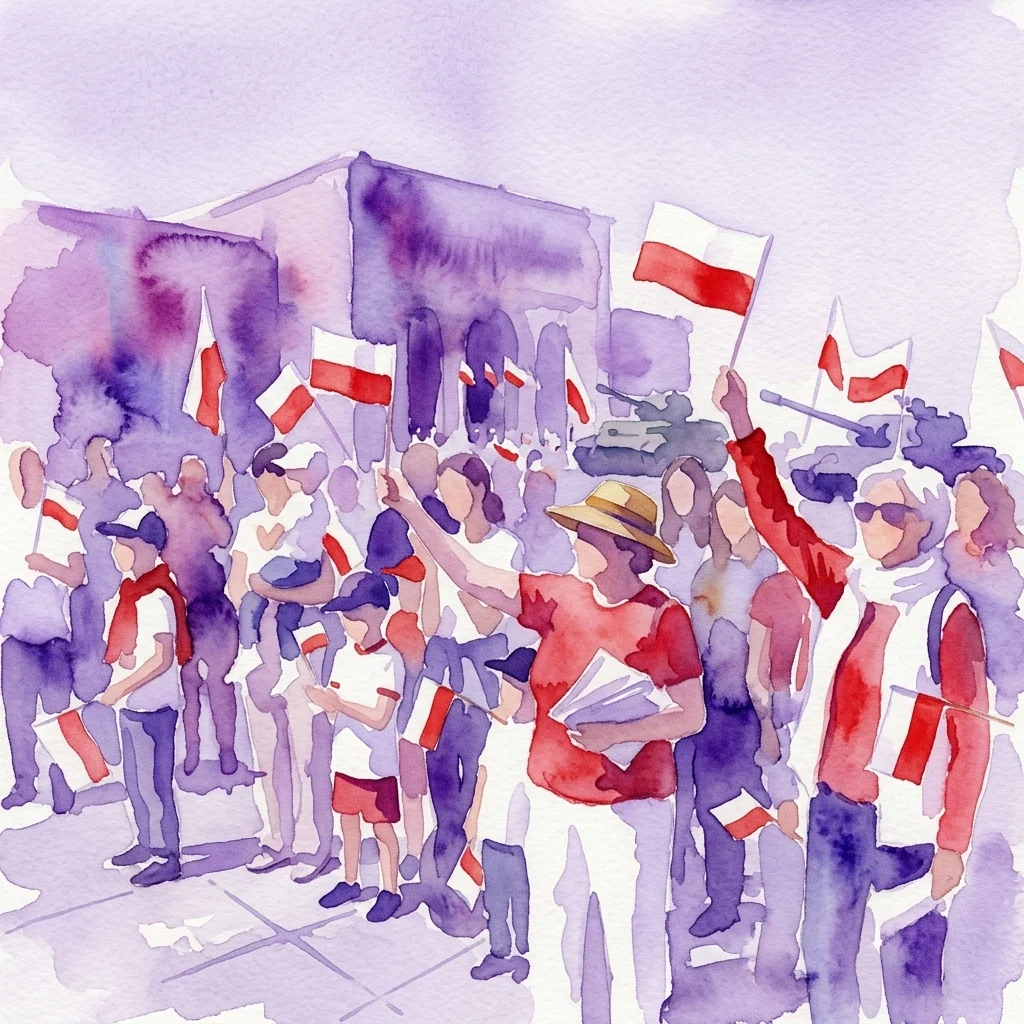 Ilustracja akwarelowa patriotycznego wydarzenia plenerowego z ludźmi machającymi polskimi flagami, defiladami wojskowymi i rodzinami świętującymi Święto Flagi Rzeczypospolitej Polskiej w Muzeum Wojska Polskiego.