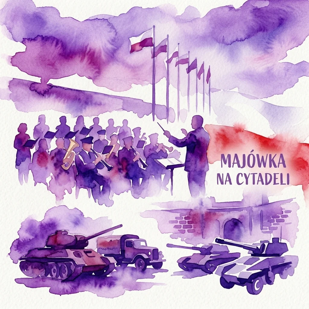 Ilustracja akwarelowa przedstawiająca defiladę wojskową na Cytadeli Warszawskiej, z dyrygentem prowadzącym orkiestrę, polskimi flagami oraz pojazdami wojskowymi, w tym czołgami i ciężarówkami.