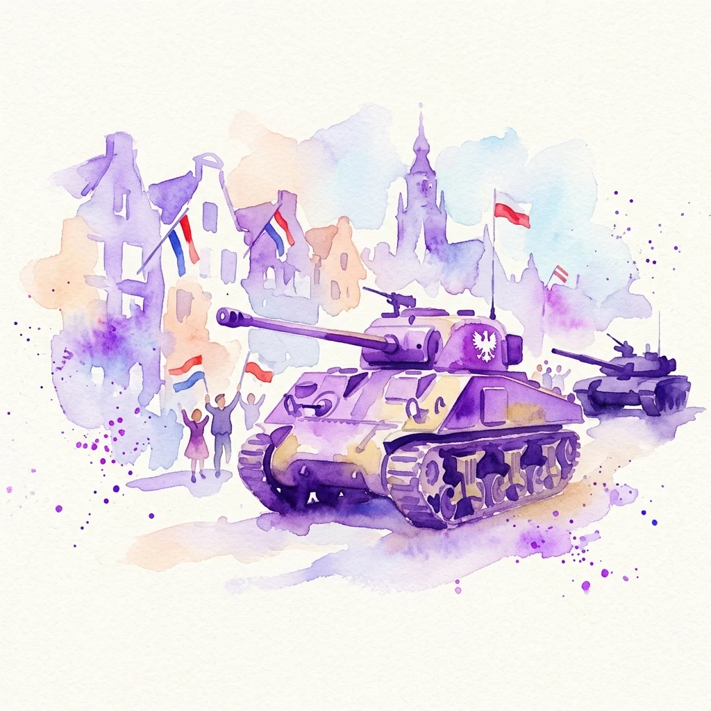 Ilustracja akwarelowa polskiego czołgu z godłem białego orła, upamiętniająca 80. rocznicę wyzwolenia Bredy, z holenderską i polską flagą oraz postaciami świętującymi w tle.