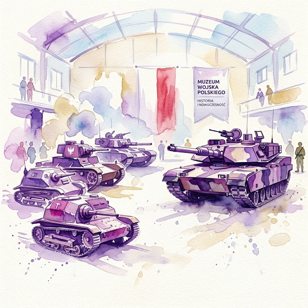 Waterverfillustratie van historische Poolse pantservoertuigen en een moderne Abrams tank in het Pools Militair Museum, ter herdenking van de 80e verjaardag van de bevrijding van Breda door de 1e Pantserdivisie.