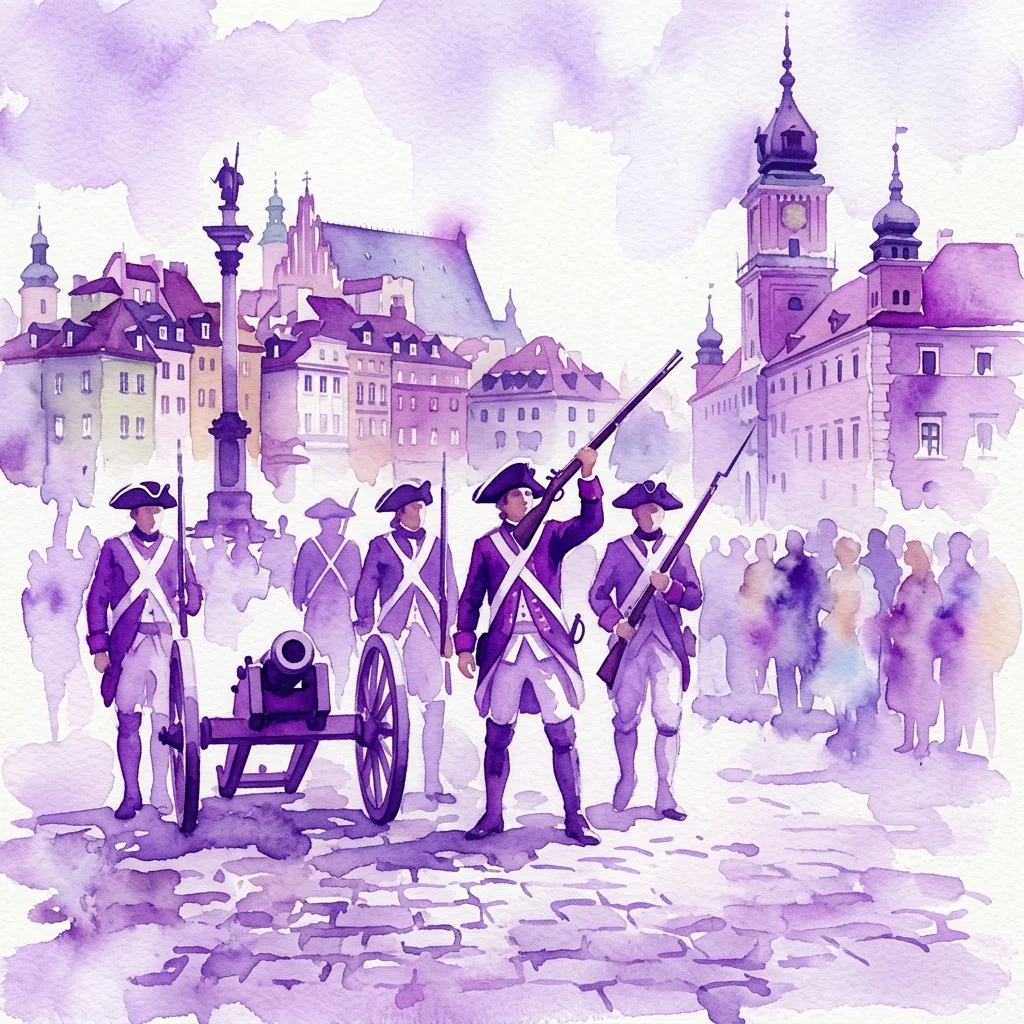 Ilustracja akwarelowa polskich żołnierzy w XVIII-wiecznych mundurach z muszkietami i armatą, odtwarzających scenę z Powstania Kościuszkowskiego na warszawskim Starym Mieście, z obserwującym tłumem.