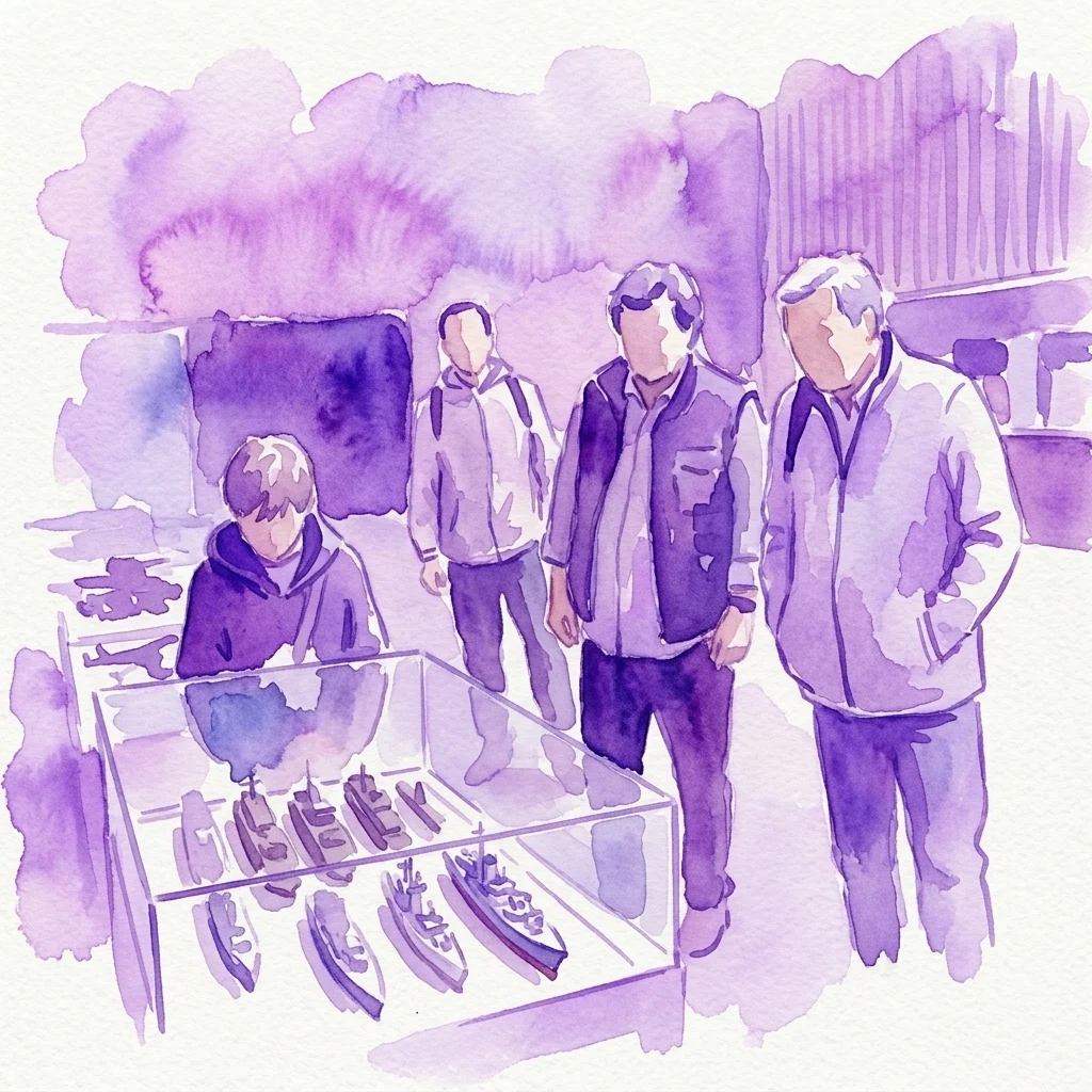 Waterverfillustratie van bezoekers die schaalmodellen van schepen bekijken in een museumvitrine, onderdeel van de tentoonstelling "Met de wapens van Polen door de eeuwen heen" in het Pools Legermuseum.