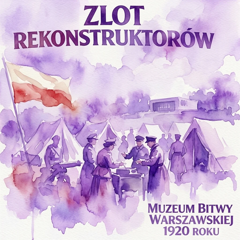Ilustracja akwarelowa obozowiska rekonstrukcji historycznej w Muzeum Bitwy Warszawskiej 1920, przedstawiająca żołnierzy w historycznych mundurach, namioty i polską flagę.