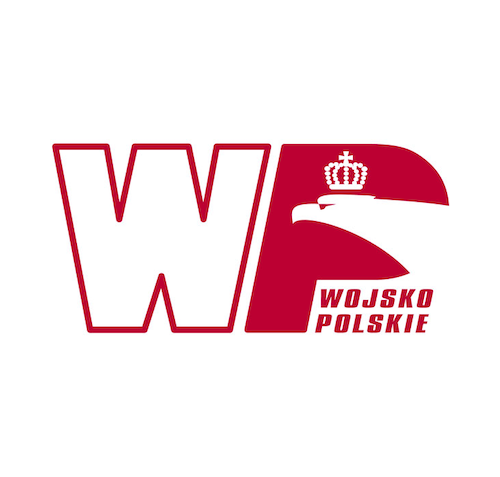 Rood en wit logo met gestileerde 'WP'-letters, een adelaar met een kroon en de tekst 'WOJSKO POLSKIE'