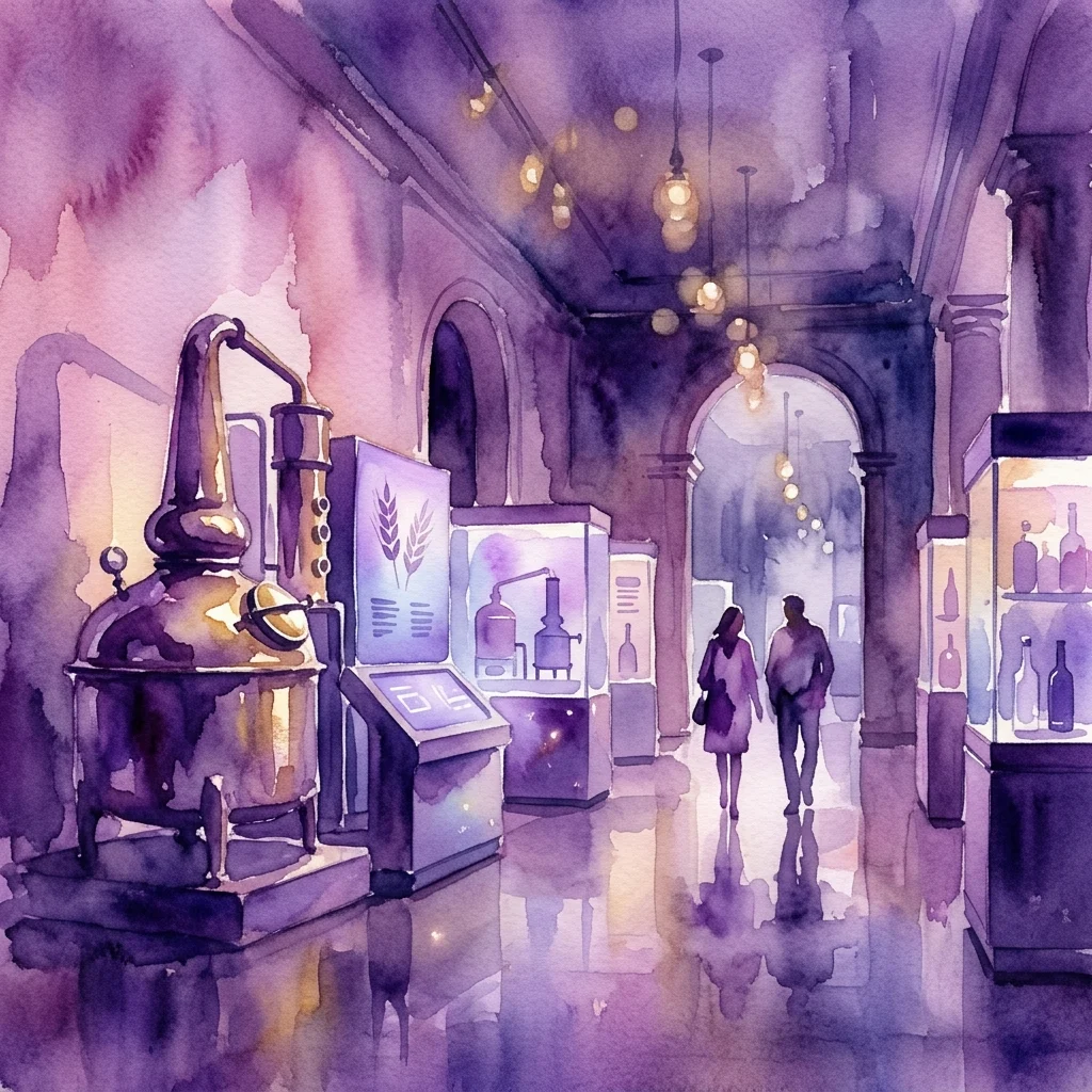 Una galería de museo con poca luz con un gran aparato de destilación de cobre y vitrinas, con una pareja caminando por un elegante pasillo con puertas arqueadas e iluminación cálida.