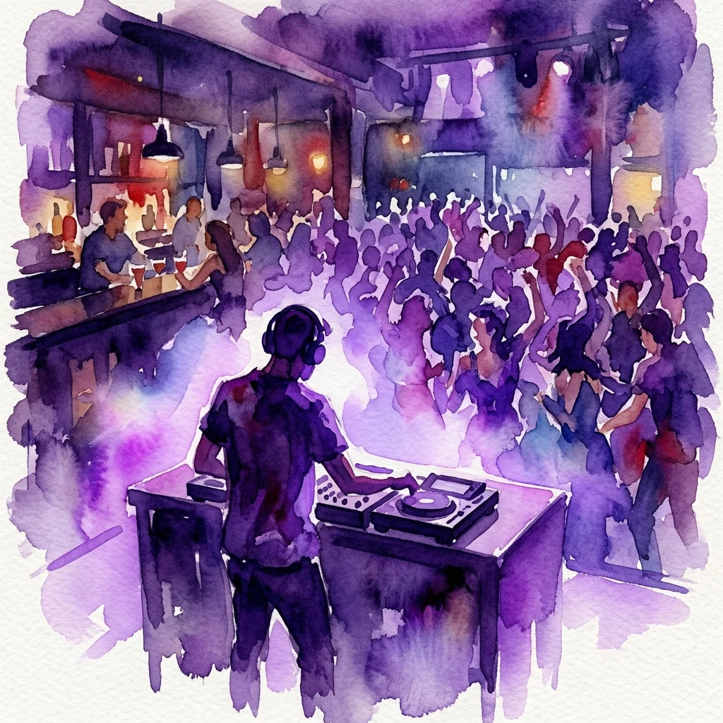 Una ilustración en acuarela del DJ Defwave actuando en una animada discoteca con una multitud bailando bajo luces moradas.